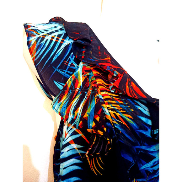 NWT Worthington Women Size S Multicolor Palm Black Tropical Print Ruffle Top - Picture 7 of 8